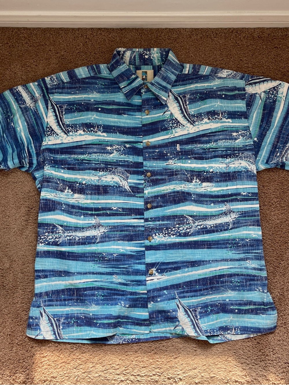 Vintage Kahala Blue Marlin Stripe Short-Sleeve Button Down Hawaiian Shirt
